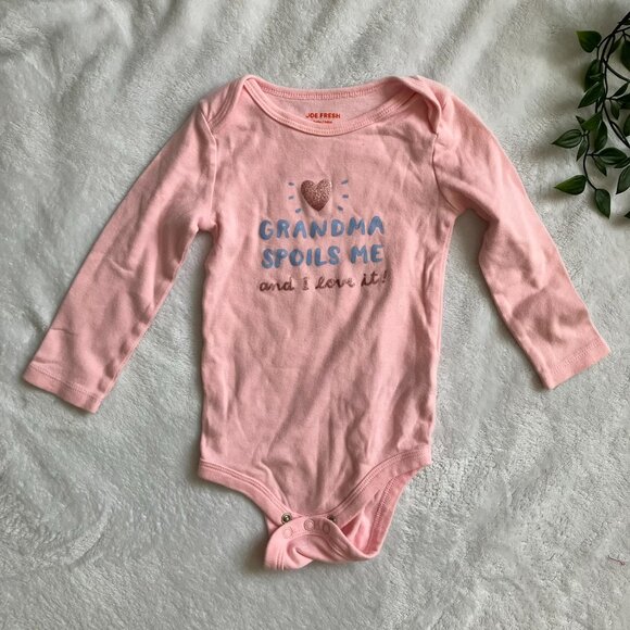 Joe Fresh Bodysuit 12-18M | Pink Long Sleeve Grandma Spoils Me VGUC - Picture 1 of 9